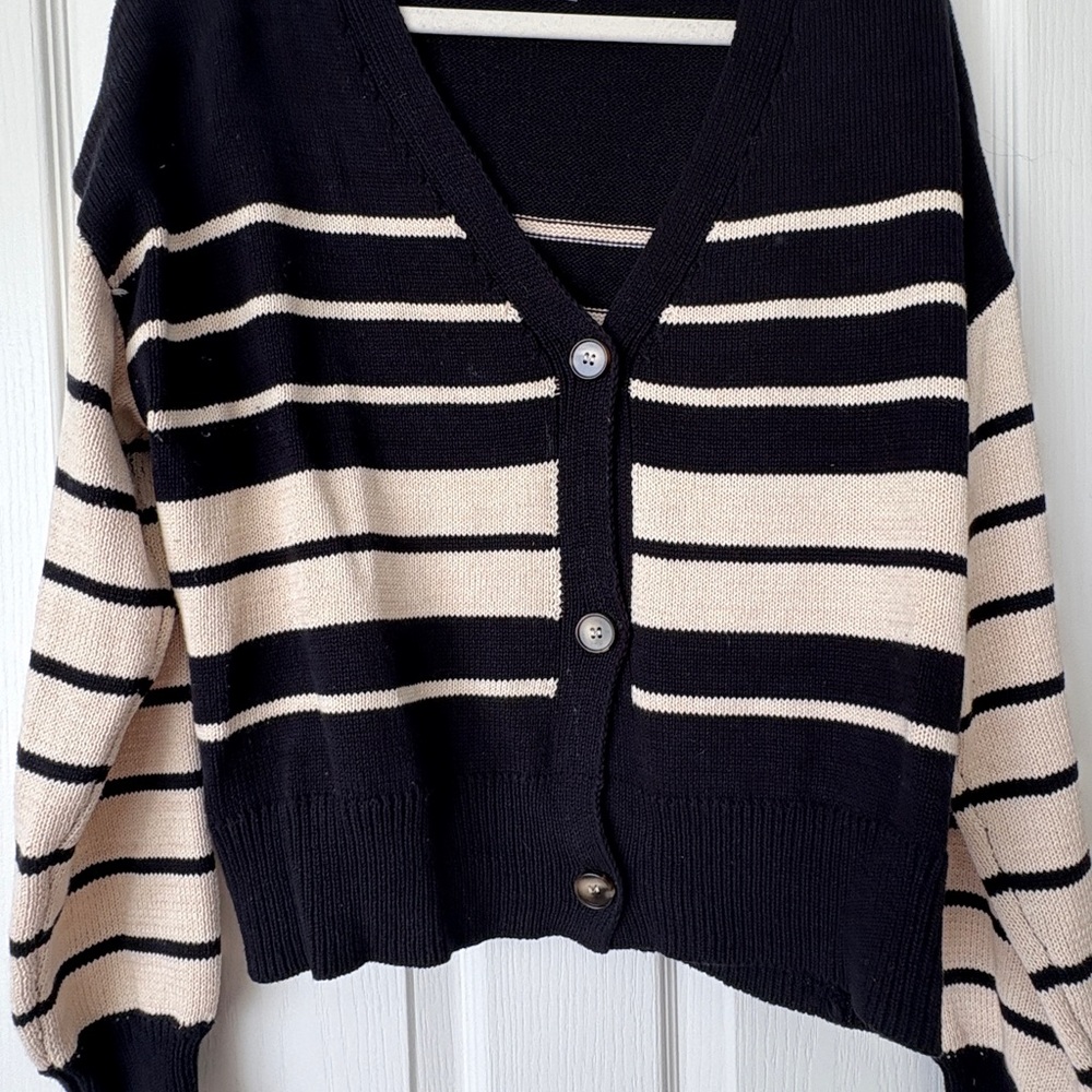 John + Jenn Black and Cream Striped Cardigan Sweater